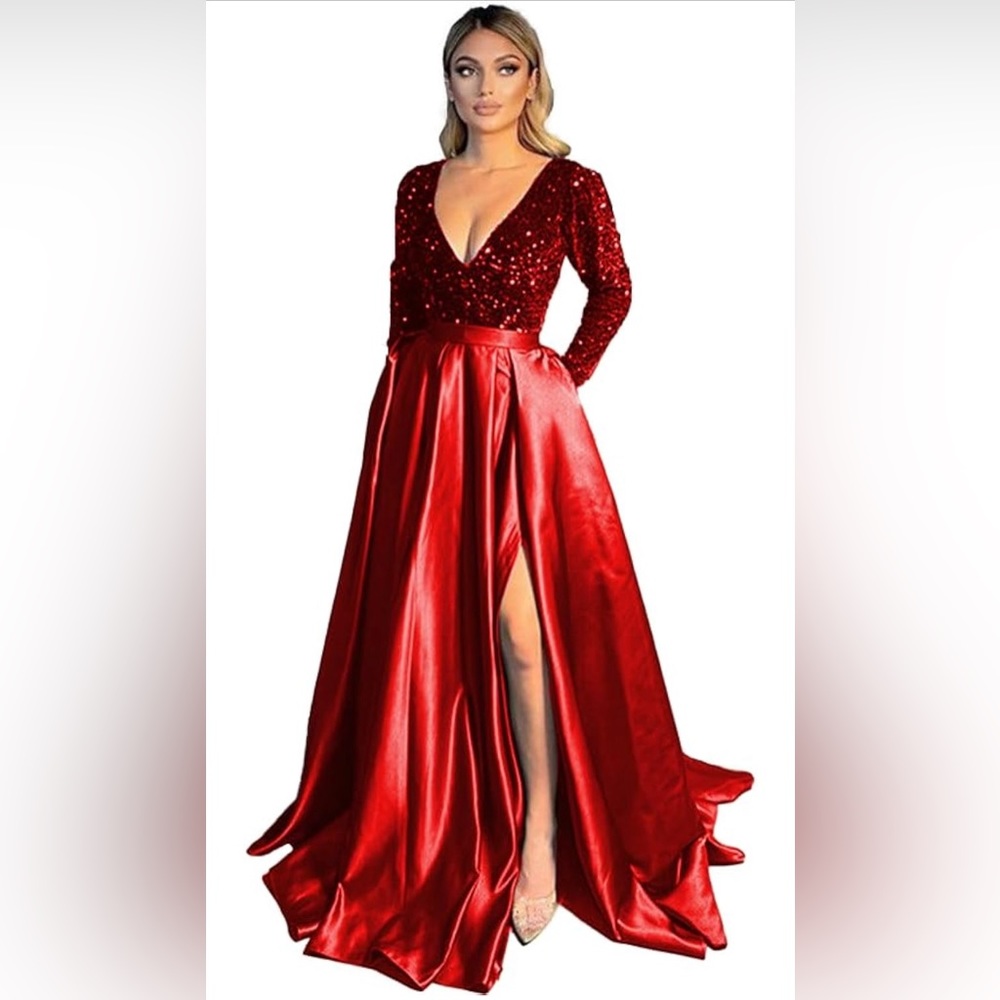 COPY - V Neck Long Sleeve Prom Dress Slit Sequin Satin Formal Evening Gown…